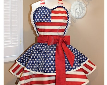 American Flag Woman's Retro Apron With Tiered Skirt And Bib...Plus Sizes Available