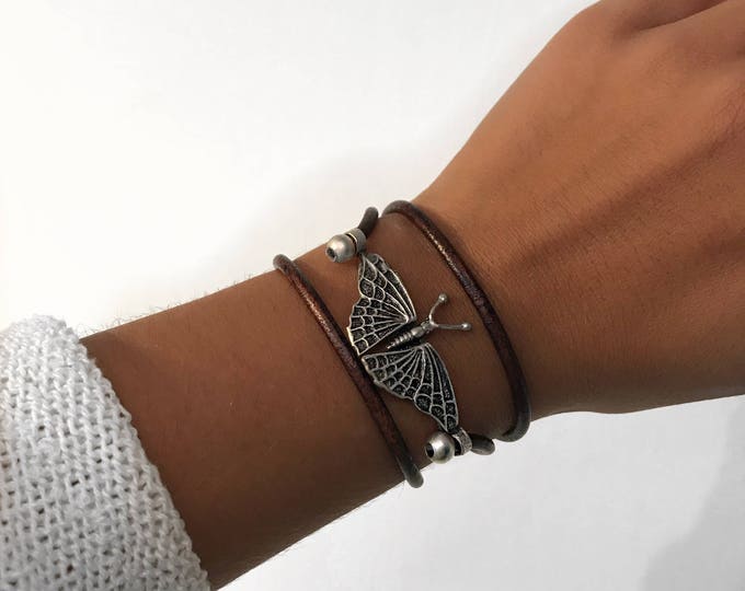 ŵomen butterfly leather wrap bracelet, leather wrap bracelet, fashion triple wrap leather bracelet with color choices uno the 50 style