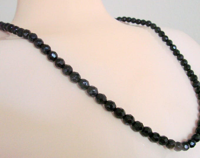 Mid Century Basic Black Faceted Glass Bead Necklace / 27" Long / 8mm Beads / Vintage Jewelry / Jewellery