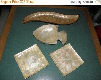 SALE Capiz Shell Nautical Serving Dishes, Teak & Capiz Bread Boat, Fish Bowl, Appitizers Trays