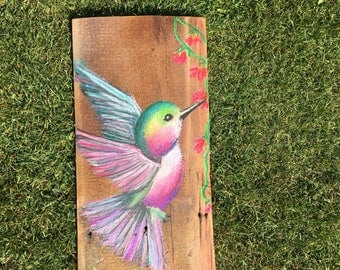 Hummingbird- soft chalk pastel drawing on reclaimed pre-civil war barn wood siding