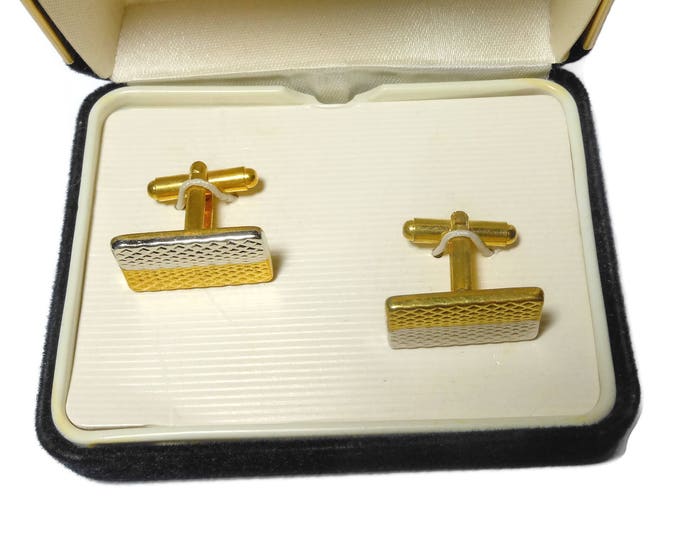 FREE SHIPPING Geoffrey Beene cuff links, gold and silver textured rectangle cufflinks in original box vintage, wedding perfect!