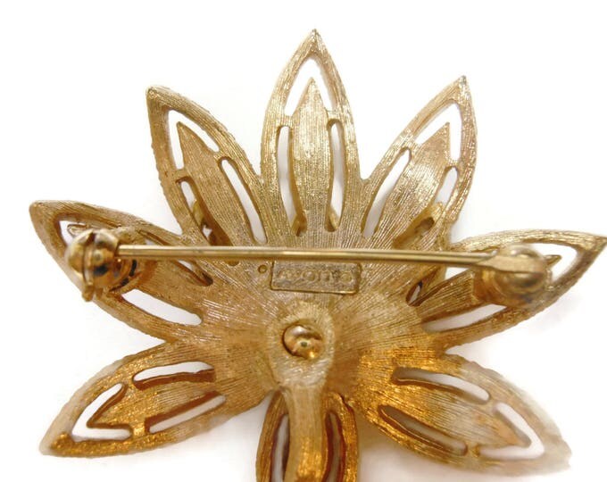 FREE SHIPPING Avon floral brooch, layered flower pin, brushed gold brooch, cutout petals, textured leaves