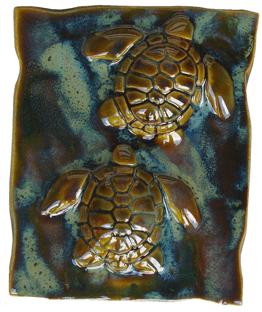 Handmade Two Turtle Ceramic Wall Art or Decorative Tile
