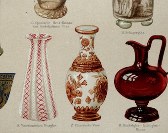 1897 Antique fine lithograph of ANTIQUE GLASSWARE. Pottery. 120 years old nice print.