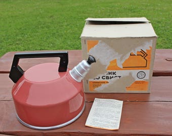 Soviet vintage UNUSED whistling kettle Aluminium tea kettle Kettle with whistle Whistleing tea kettle Red tea kettle