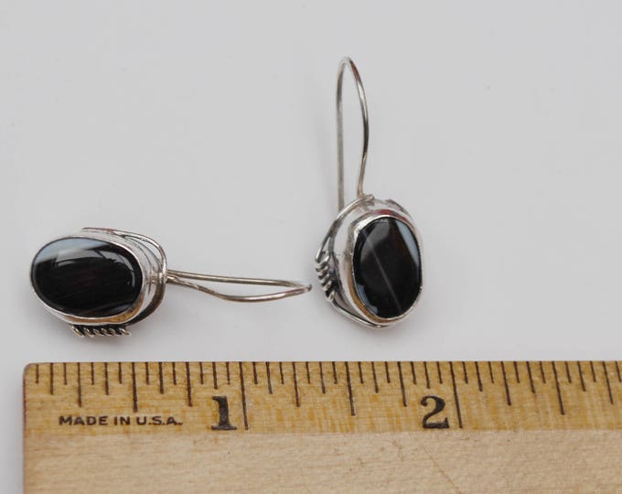 Black white Gemstone Sterling drop earrings - Agate - Zebra stone - Silver dangle earring