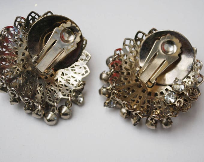 Chandelier Earring - Domed Silver filigree - Dangle Rhinestone - Clip On - Wedding Bride