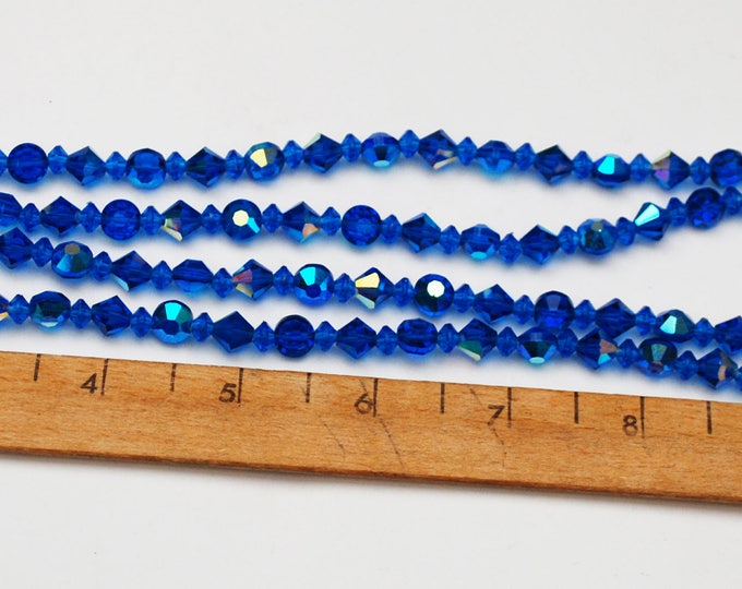 Blue Crystal bead Necklace - double strand - cut crystal glass beads - Cluster bead clasp - 23 inches long