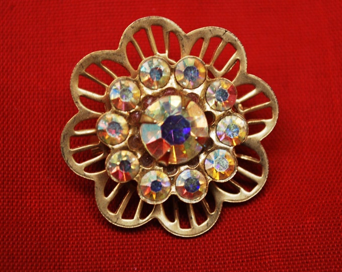 Rhinestone Flower Brooch - Aurora Borealis - Gold tone metal - Mid century Pin