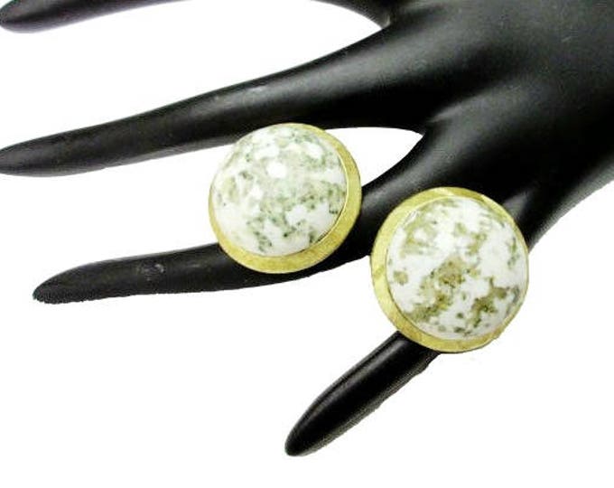 Dome Earrings - Signed Crown Trifari - white green speckle and gold clip on earring