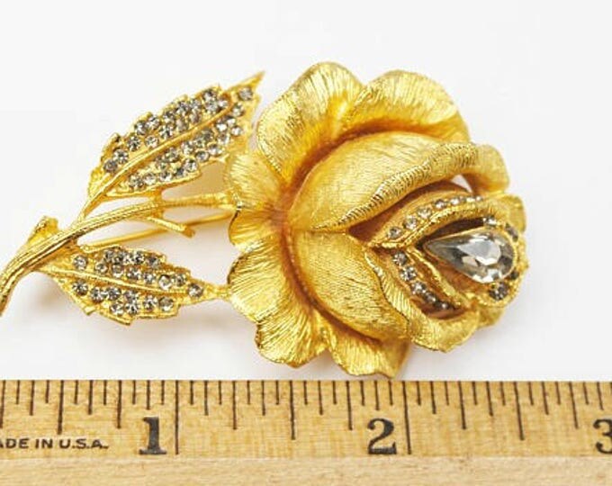 Rose Flower Brooch - Signed Benedikt NY- Gold Metal - Topaz Rhinestone - floral Rose Pin