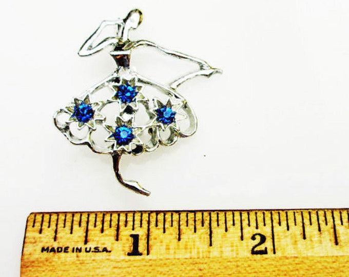 Ballerina brooch - Signed Gerry - Blue Rhinestones - Silver dancer figurine pin