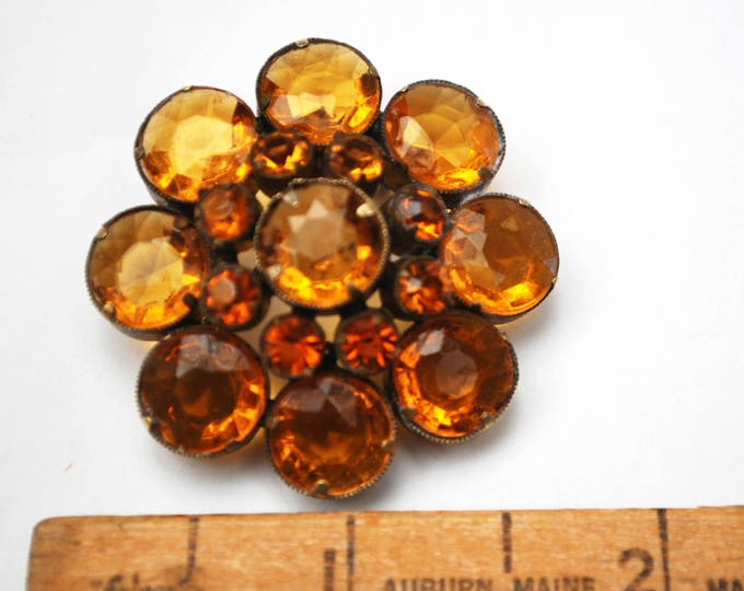 Amber Rhinestone Flower Brooch - Signed Czecho - Orange Crystal - open back gold plated - Citrine glass - pin