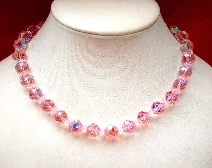 Pink Crystal Bead Necklace - Signed Laguna - Aurora borealis - Facet glass beads - Mid century