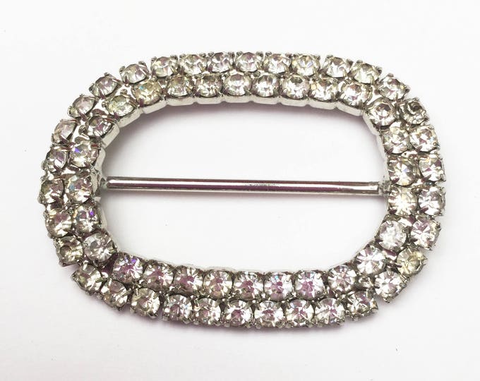 Rhinestone belt buckle - silver metal - scarf ring - Clear Crystal - oval