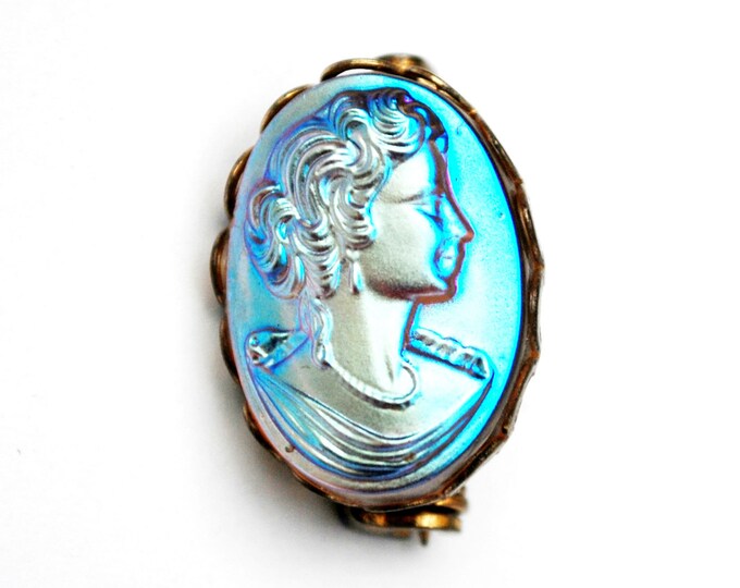 Small Glass Cameo Brooch - molded glass - Gold Metal - blue iridescent women profile - oval pin