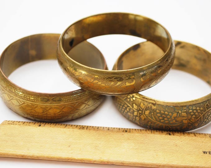 Lot of three Brass Bangles - chunky Boho Bangle - Flower Etched - gold brass bracelets