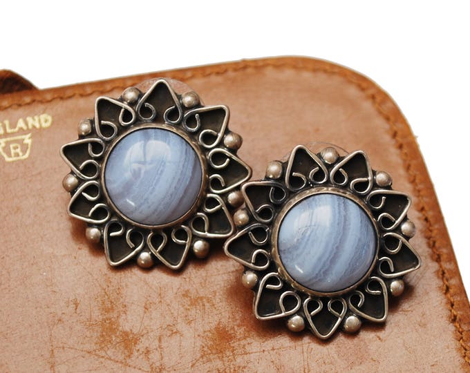 Sterling flower Earrings - Blue Glass - Silver floral - pierced earrings - Signed Mexico