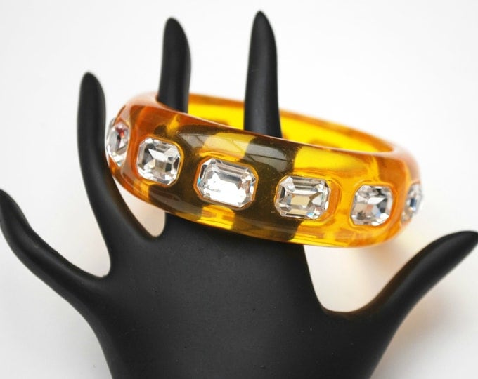 Yellow Lucite Rhinestone Bangle - Signed Noir - clear crystal - vintage Bracelet