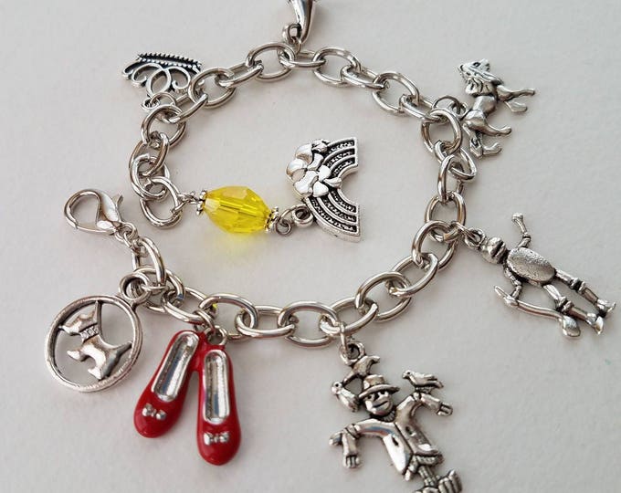 Wizard of OZ SILVER charm bracelet, Dorothy Oz Jewelry, Red Shoes bracelet, handmade Oz, Oz favors, simple, shipping discounts 3/ more #1L9