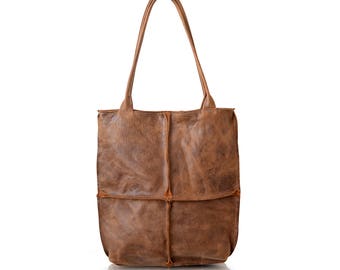 Extra Large genuine leather tote bag. Square shaped leather