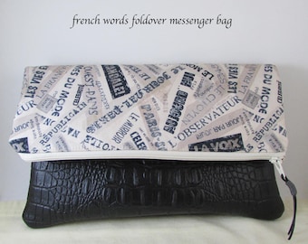 Clutch Bag - French Words Fabric - Great Gift Idea - Paris Evening Bag Handbag - Wristlet Bag with Black Vinyl Bottom - Purse - Gift Idea