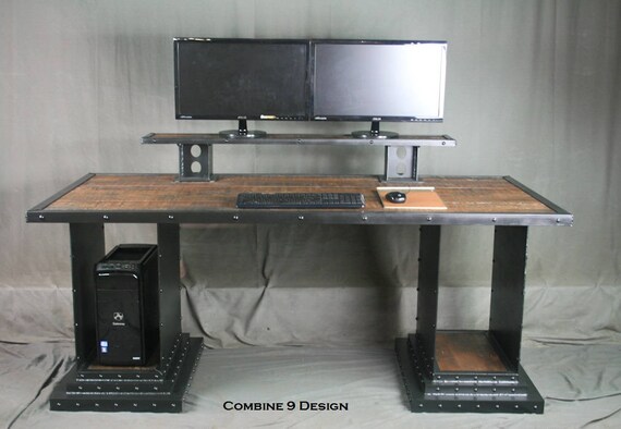 Reclaimed Wood Desk with Monitor Stand and Computer Storage.