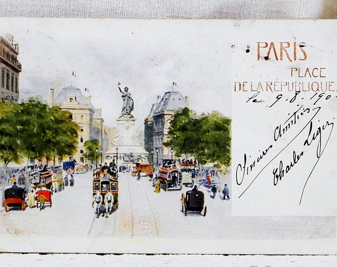 Antique French Colored Print Postcard of Paris Place de La Republique with Horse and Wagon Posted on September 1903, Parisian Street Card
