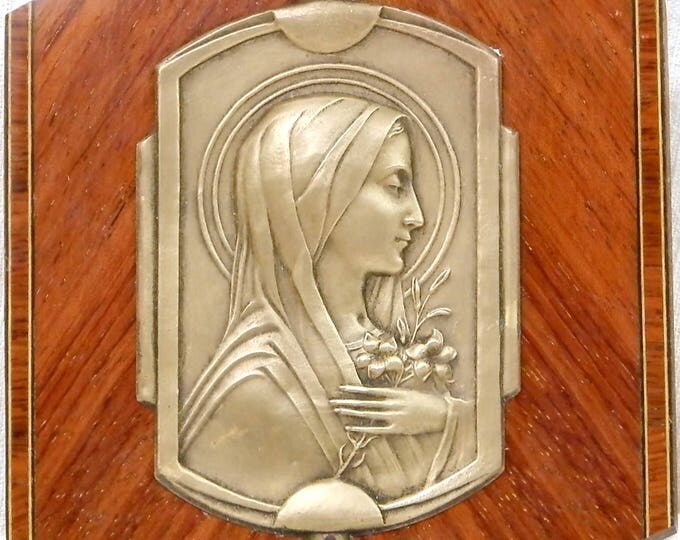 Vintage Art Deco French Bas Relief of St Theresa Brass and Exotic Wood Wall Hanging, Religious Profile of Saint Therese, Catholic Picture Vintage Art Deco French Bas Relief of St Theresa Brass and Exotic Wood Wall Hanging, Religious Profile of Saint Therese, Catholic Picture