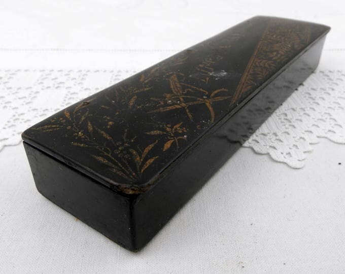 Antique Napoleon III / 3 Black Lacquer and Gold Gilt Carton Bouilli / Papier Mache Pencil and Fountain Pen Box, French Pen Holder, Desk