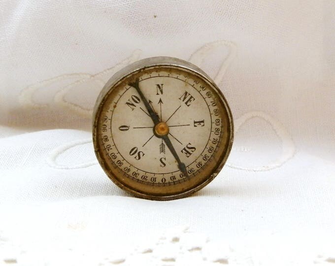 Small Antique Glass and Metal Framed French Compass and Mirror, Round Compass from France, Map Reading, Vintage Hiking Camping, Curios