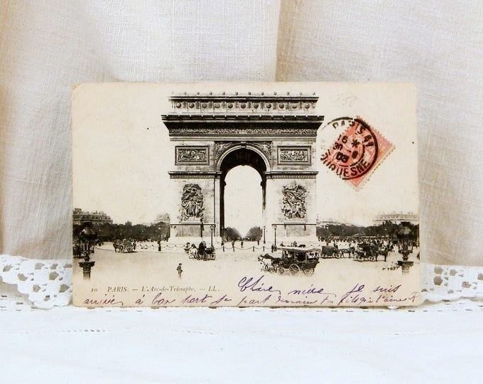 Antique French Postcard of the L'Arch de Triomphe Posted in 1903, French Decor, Souvenir Tourist Black and White Card from Paris France