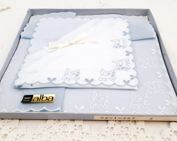 Vintage Unused Boxed of 2 Blue and White Handkerchiefs Embroidered with Puppy Dogs Made in Switzerland by Alba, Swiss Hankies