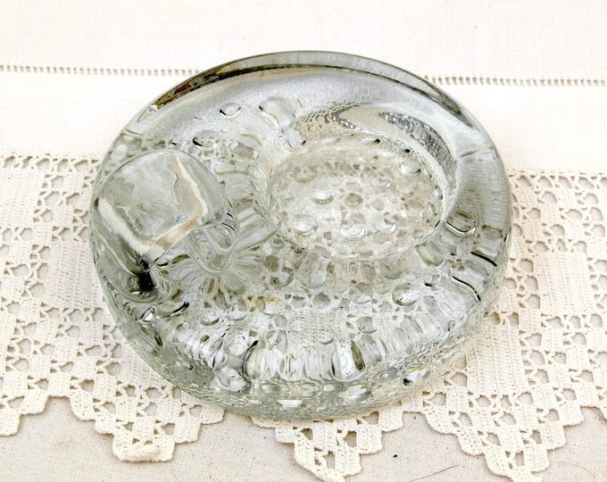 Vintage Solid Crystal Glass Mid Century Candle Holder, 1970s Chamberstick made of Thick Glass, Studio Glass Candle Stick for Night Light