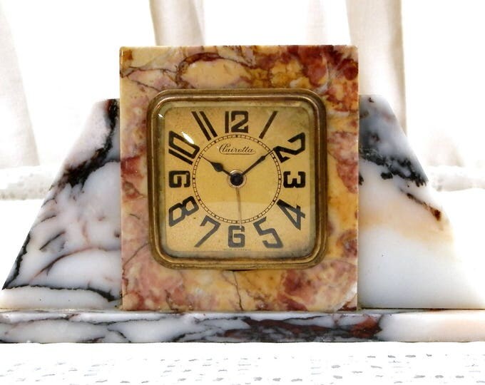 Antique Working Art Deco 1930s Marble Stone Wind Up Mechanical Alarm Clock Clairetta, French Bedside Old Clock 30s, Brocante Paris Decor
