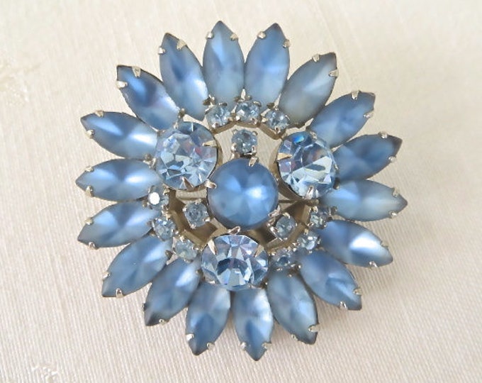 Vintage Moonglow Brooch, Blue Rhinestone Pin, Rhodium Setting, Celestial Jewelry