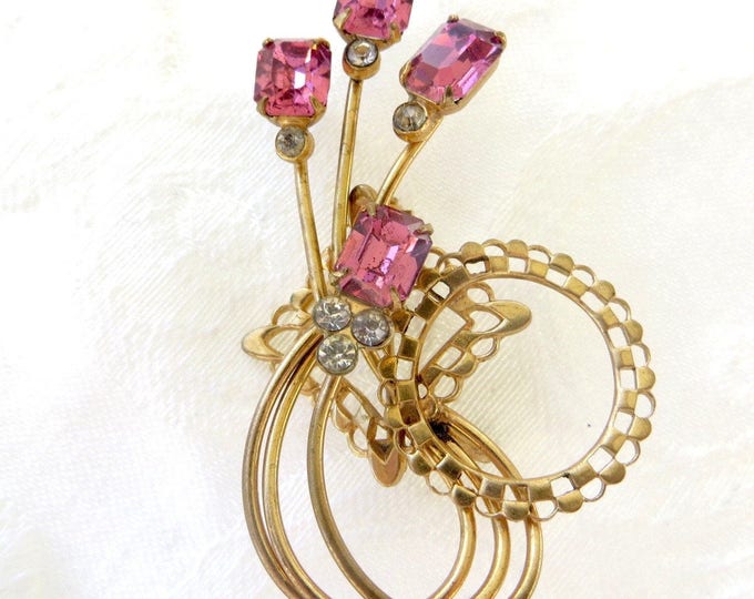 Vintage Rhinestone Brooch Pendant, Emerald Cut Pink Stones, Lacy Filigree, Delicate Pin