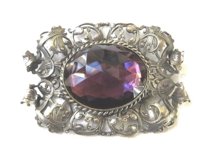 Antique Art Nouveau Brooch, Amethyst Stone, Openwork Vines and Leaves, Silver Filigree Nouveau Pin, Art Nouveau Jewelry