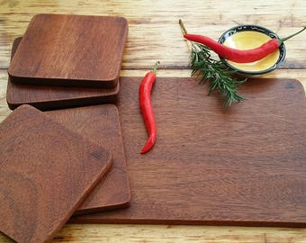 Bespoke Recycled Brazilian Mahogany Tappas board and 4 plates, cheese board, entree board, serving platter