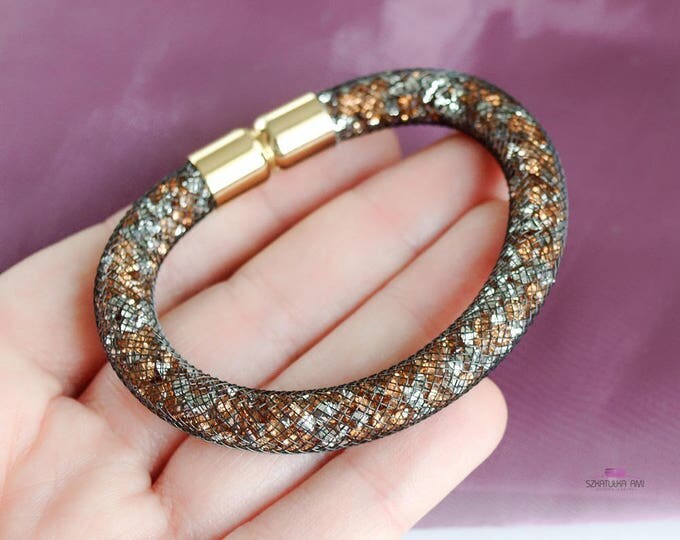 Brown mesh bracelet nylon mesh shiny bracelet net bracelet modern bracelet mesh bracelet crystal bracelet springs gift friends womens girls