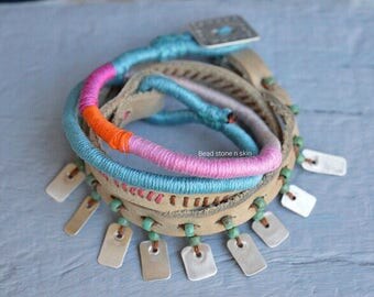 Boho wrap bracelet, Hippie gypsy, necklace, Leather wrap bracelet, necklace, anklet, sterling silver charm bracelet