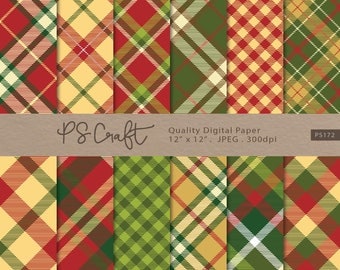 Christmas Plaid Digital Paper, SEAMLESS Plaid Digital Paper, Xmas Tartan Papers, Christmas Paper, Green and Red Scrapbook Paper