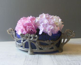 Ancien Français Art déco jardinière, Jardiniere, régule et verre bleu.