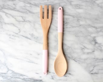 Rose Pink Wood Kitchen Utensil Set | Wood Salad Serving Set | Painted Wooden Spoon and Fork | Cooking Utensils | Salad Tongs