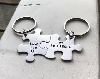 Puzzle piece keychain set hand stamped his and hers i love you to pieces