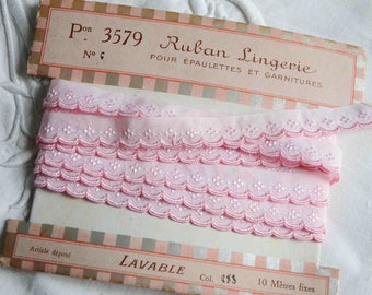 Antique French pink cotton embroidered ribbon, pink broderie anglaise, French vintage haberdashery