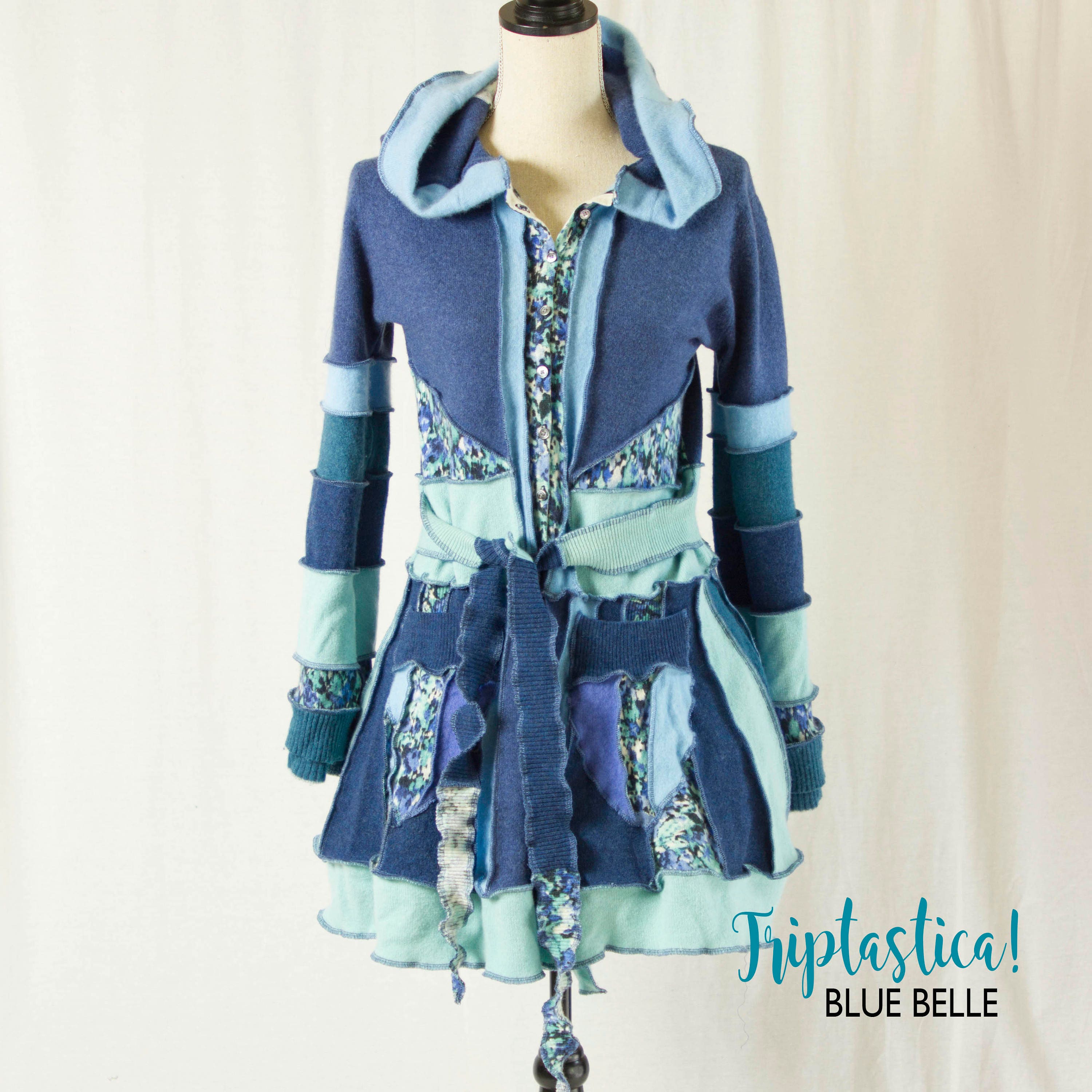 Upcycled Pixie Sweater Coat Blue Cashmere Sweater Hoodie