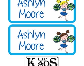 42 Dishwasher Safe & Waterproof Kids Personalized Name Label Stickers with Blue Cheerleader Children Baby Bottle Daycare School Tag Sports
