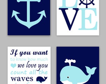 Nautical Nursery, Boy Nautical Room, Baby Boy Ocean Decor, Whale Art, If you want to know, count all the waves, Love Print, Anchor Canvas
